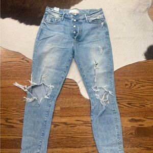 MOTHER Distressed Skinny Jeans in Light Blue Denim